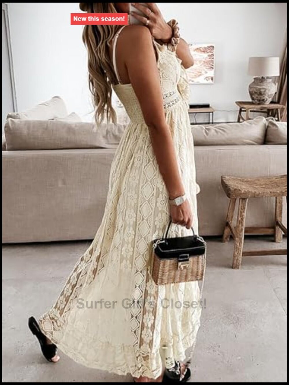Lace V-Neck Sleeveless Maxi Sundress Boho Crochet Tassel Beach Vacation - Picture 3 of 7